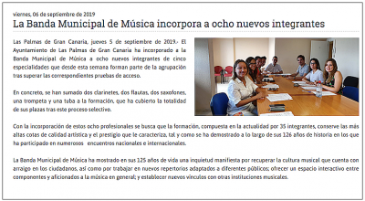 La Banda Sinfónica Municipal de Las Palmas de Gran Canaria incorpora a ocho nuevos integrantes de cinco especialidades diferentes.